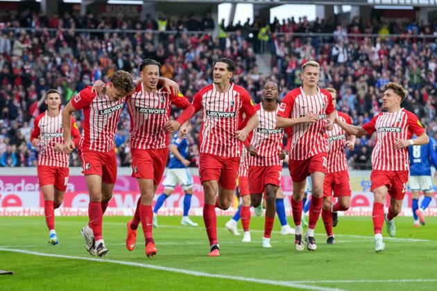 Maximilian Eggestein, SC Freiburg, 08, Derry Scherhant, SC Freiburg, 07 Goal celebration, Emotions, Shot on goal, Finish, Goal scored, Goal, Igor Matanovic SC Freiburg, 31, Germany, Soccer, Bundesliga 1, Matchday 5, 2026–2027, SC Freiburg vs. FC Schalke 04, October 11, 2026, Europa-Park Stadium, Freiburg, Freiburg, Europa-Park Stadium, Baden-Württemberg, Germany Copyright: xArnexAmbergx
