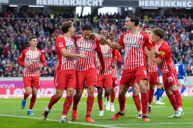 Maximilian Eggestein, SC Freiburg, 08, Derry Scherhant, SC Freiburg, 07, Igor Matanovic SC Freiburg, 31, goal celebration, emotions, shot on goal, finish, goal scored, goal, hit, Germany, soccer, Bundesliga 1, Matchday 5, 2026–2027, SC Freiburg vs. FC Schalke 04, October 11, 2026, Europa-Park Stadium, Freiburg, Freiburg, Europa-Park Stadium, Baden-Württemberg, Germany Copyright: xArnexAmbergx