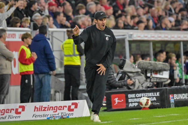 Julian Schuster, SC Freiburg coach, celebrates the victory GER, SC Freiburg vs. Schalke 04, Soccer, Bundesliga, Matchday 5, 2026–2027 season, October 11, 2026 DFL DFB regulations prohibit any use of photographs as image sequences and or quasi-video GER, SC Freiburg vs. Schalke 04, Soccer, Bundesliga, Matchday 5, 2026–2027 Season, October 11, 2026, Freiburg Copyright: xEibner-Pressefotox EP_THS