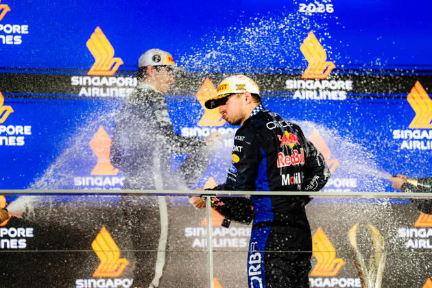 2026 Formula 1 Singapore Grand Prix - Podium CHARLES LECLERC 16 (MON) of Scuderia Ferrari HP (Ferrari SF-26) and MAX VERSTAPPEN 1 (NED) of Oracle Red Bull Racing (Red Bull Racing RB22) champagne celebration on the podium on Sunday Race Day during the Formula 1 Singapore Airlines Singapore Grand Prix 2026 at Marina Bay Street Circuit, Singapore, on October 11, 2026. Photo by Antoine Lapeyre Reveries Agency via ABACAPRESS.COM Singapore Singapore Copyright: xAntoinexLapeyre ReveriesxAgency ABACAx