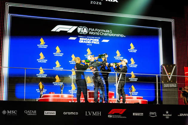 2026 Formula 1 Singapore Grand Prix - Podium MAX VERSTAPPEN 1 (NED) of Oracle Red Bull Racing (Red Bull Racing RB22) GIANPIERO LAMBIASE (ITA) Race Engineer for Oracle Red Bull Racing (Red Bull Racing RB22) CHARLES LECLERC 16 (MON) of Scuderia Ferrari HP (Ferrari SF-26) and ANDREA KIMI ANTONELLI 12 (ITA) of Mercedes-AMG PETRONAS Formula One Team (Mercedes-AMG F1 W17) celebrating on the podium on Sunday Race Day during the Formula 1 Singapore Airlines Singapore Grand Prix 2026 at Marina Bay Street Circuit, Singapore, on October 11, 2026. Photo by Antoine Lapeyre Reveries Agency via ABACAPRESS.COM Singapore Singapore Copyright: xAntoinexLapeyre ReveriesxAgency ABACAx