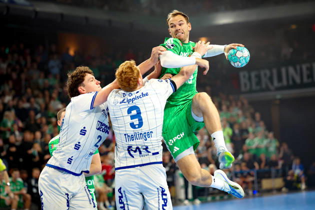October 11, 2026, xBHAx, Handball, Opel HBL, 2026–2027 Season, 1 HBL, Füchse Berlin vs. TBV Lemgo Lippe, Max Schmeling Hall, Joel Willecke (TBV Lemgo Lippe, 24) and Nicolai Theilinger (TBV Lemgo Lippe, 3) vs. Mathias Gidsel (Füchse Berlin, 19), Berlin, Deutschkand