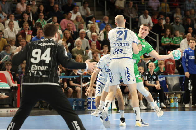 October 11, 2026, xBHAx, Handball, Opel HBL, 2026–2027 Season, 1 HBL, Füchse Berlin vs. TBV Lemgo Lippe, Max Schmeling Hall, Domenico Ebner (TBV Lemgo Lippe, 94) and Leve Carstensen (TBV Lemgo Lippe, 21) vs. Nils Lichtlein (Füchse Berlin, 17), Berlin, Deutschkand