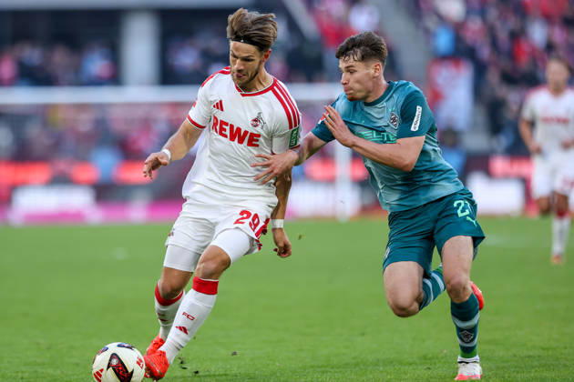 October 11, 2026, xkwix, Soccer, Bundesliga, 1. FC Köln vs. Borussia Mönchengladbach, RheinEnergieSTADION, Matchday 5, 2026–2027 Season Jan Thielmann 1 FC Köln 29 in a tackle against Lukas Ullrich Borussia Mönchengladbach 26 DFB regulations prohibit any use of photographs as image sequences and or quasi-video Photo: xKamilxWilkowskixPressefotoKochx North Rhine-WestGermany