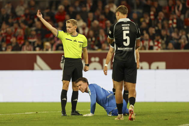 SC Verl goalkeeper Timo Schlieck lies injured on the ground during the 3. Liga match between Fortuna Düsseldorf and SC Verl at the Merkur Spiel Arena on October 11, 2026, in Düsseldorf, Germany. Photo by Oliver Kaelke, DeFodi Images. Goalkeeper Timo Schlieck of SC Verl lies injured on the ground during the 3. Liga match between Fortuna Düsseldorf and SC Verl at Merkur Spiel Arena on October 11, 2026 in Düsseldorf, Germany. Photo by Oliver Kaelke, DeFodi Images. DFB and DFL regulations prohibit any use of photographs as image sequences and or quasi-video. Photo by Oliver Kaelke, DeFodi Images.