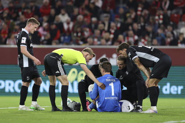 SC Verl goalkeeper Timo Schlieck lies injured on the ground during the 3. Liga match between Fortuna Düsseldorf and SC Verl at the Merkur Spiel Arena on October 11, 2026, in Düsseldorf, Germany. Photo by Oliver Kaelke, DeFodi Images. Goalkeeper Timo Schlieck of SC Verl lies injured on the ground during the 3. Liga match between Fortuna Düsseldorf and SC Verl at Merkur Spiel Arena on October 11, 2026 in Düsseldorf, Germany. Photo by Oliver Kaelke, DeFodi Images. DFB and DFL regulations prohibit any use of photographs as image sequences and or quasi-video. Photo by Oliver Kaelke, DeFodi Images.