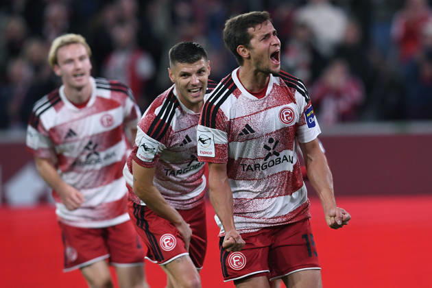 Soccer, 3rd Division, Matchday 8: Fortuna Düsseldorf vs. SC Verl on October 11, 2026, at the Merkur Spiel Arena in Düsseldorf. Celebrations following Tim Oberdorf’s 1-0 goal for Düsseldorf. DFB regulations prohibit any use of photographs as image sequences and or quasi-video. xRx