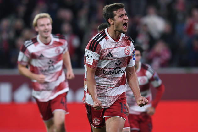 Soccer, 3rd Division, Matchday 8: Fortuna Düsseldorf vs. SC Verl on October 11, 2026, at the Merkur Spiel Arena in Düsseldorf. Celebrations following Tim Oberdorf’s 1-0 goal for Düsseldorf. DFB regulations prohibit any use of photographs as image sequences and or quasi-video. xRx
