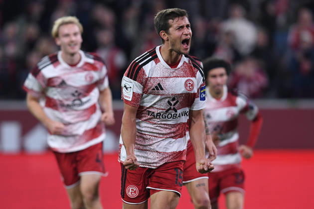 Soccer, 3rd Division, Matchday 8: Fortuna Düsseldorf vs. SC Verl on October 11, 2026, at the Merkur Spiel Arena in Düsseldorf. Celebrations following Tim Oberdorf’s 1-0 goal for Düsseldorf. DFB regulations prohibit any use of photographs as image sequences and or quasi-video. xRx