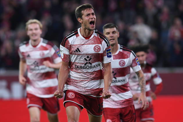Soccer, 3rd Division, Matchday 8: Fortuna Düsseldorf vs. SC Verl on October 11, 2026, at the Merkur Spiel Arena in Düsseldorf. Celebrations following Tim Oberdorf’s 1-0 goal for Düsseldorf. DFB regulations prohibit any use of photographs as image sequences and or quasi-video. xRx