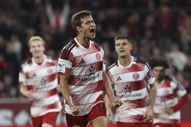 Tim Oberdorf of Fortuna Düsseldorf celebrates his goal, which made the score 1–0, during the 3. Liga match between Fortuna Düsseldorf and SC Verl at the Merkur Spiel Arena on October 11, 2026, in Düsseldorf, Germany. Photo by Oliver Kaelke, DeFodi Images. Tim Oberdorf of Fortuna Düsseldorf celebrates after scoring his team’s first goal during the 3. Liga match between Fortuna Düsseldorf and SC Verl at Merkur Spiel Arena on October 11, 2026 in Düsseldorf, Germany. Photo by Oliver Kaelke, DeFodi Images. DFB and DFL regulations prohibit any use of photographs as image sequences and or quasi-video. Photo by Oliver Kaelke, DeFodi Images.
