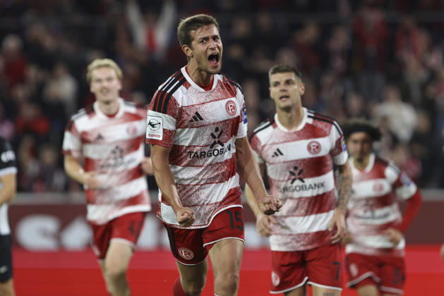 Tim Oberdorf of Fortuna Düsseldorf celebrates his goal, which made the score 1–0, during the 3. Liga match between Fortuna Düsseldorf and SC Verl at the Merkur Spiel Arena on October 11, 2026, in Düsseldorf, Germany. Photo by Oliver Kaelke, DeFodi Images. Tim Oberdorf of Fortuna Düsseldorf celebrates after scoring his team’s first goal during the 3. Liga match between Fortuna Düsseldorf and SC Verl at Merkur Spiel Arena on October 11, 2026 in Düsseldorf, Germany. Photo by Oliver Kaelke, DeFodi Images. DFB and DFL regulations prohibit any use of photographs as image sequences and or quasi-video. Photo by Oliver Kaelke, DeFodi Images.