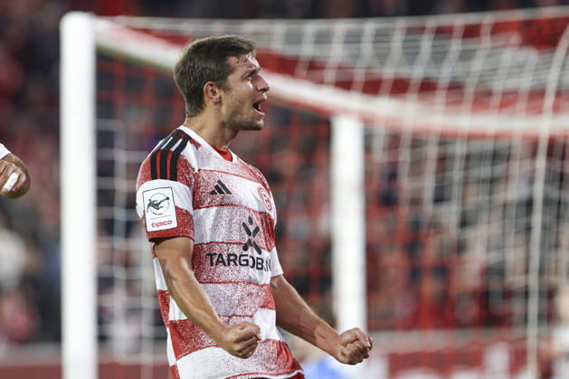 Tim Oberdorf of Fortuna Düsseldorf celebrates his goal, which made the score 1–0, during the 3. Liga match between Fortuna Düsseldorf and SC Verl at the Merkur Spiel Arena on October 11, 2026, in Düsseldorf, Germany. Photo by Oliver Kaelke, DeFodi Images. Tim Oberdorf of Fortuna Düsseldorf celebrates after scoring his team’s first goal during the 3. Liga match between Fortuna Düsseldorf and SC Verl at Merkur Spiel Arena on October 11, 2026 in Düsseldorf, Germany. Photo by Oliver Kaelke, DeFodi Images. DFB and DFL regulations prohibit any use of photographs as image sequences and or quasi-video. Photo by Oliver Kaelke, DeFodi Images.