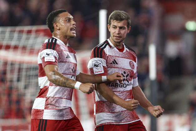 Tim Oberdorf of Fortuna Düsseldorf celebrates the goal with his teammates after scoring the 1-0 goal during the 3. Liga match between Fortuna Düsseldorf and SC Verl at the Merkur Spiel Arena on October 11, 2026, in Düsseldorf, Germany. Photo by Oliver Kaelke, DeFodi Images. Tim Oberdorf of Fortuna Düsseldorf celebrates after scoring his team’s first goal with teammates during the 3. Liga match between Fortuna Düsseldorf and SC Verl at Merkur Spiel Arena on October 11, 2026 in Düsseldorf, Germany. Photo by Oliver Kaelke, DeFodi Images. DFB and DFL regulations prohibit any use of photographs as image sequences and or quasi-video. Photo by Oliver Kaelke, DeFodi Images.