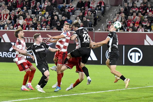 Tim Oberdorf of Düsseldorf 15 scores the goal to make it 1-0 on 11 10 2026 ¢ Soccer ¢ Fortuna Düsseldorf vs. SC Verl, Merkur Spiel Arena, Düsseldorf, DFB and DFL regulations prohibit any use of photographs as image sequences and or quasi-video Copyright: xpepphotox xSaschaxWeizx pep00321, pep_20261011_sw