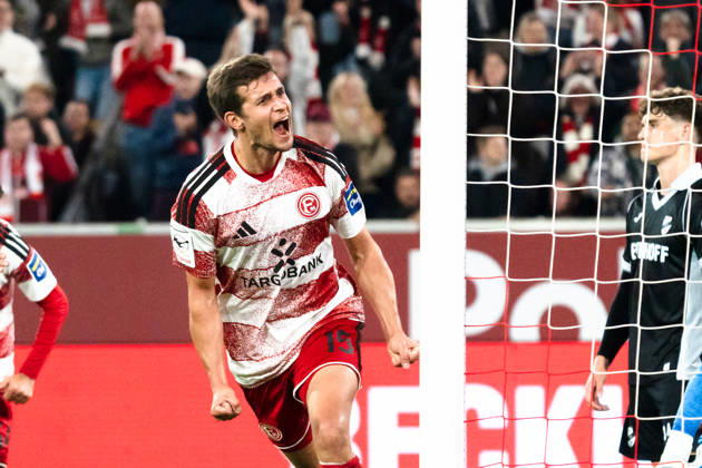 Germany 3rd Division 2026–2027: Fortuna Düsseldorf vs. SC Verl, Matchday 8, October 12, 2026, Merkur Spiel Arena, North Rhine-Westphalia. Goal to make it 1–0 by Tim Oberdorf of Fortuna Düsseldorf, 15. Cheers, joy, emotions, goal celebration Copyright: xCelinaxLeiersx