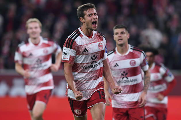 Soccer, 3rd Division, Matchday 8: Fortuna Düsseldorf vs. SC Verl on October 11, 2026, at the Merkur Spiel Arena in Düsseldorf. Celebrations following Tim Oberdorf’s 1-0 goal for Düsseldorf. DFB regulations prohibit any use of photographs as image sequences and or quasi-video. xRx