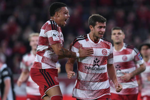 Soccer, 3rd Division, Matchday 8: Fortuna Düsseldorf vs. SC Verl on October 11, 2026, at the Merkur Spiel Arena in Düsseldorf. Celebrations following Tim Oberdorf’s 1-0 goal for Düsseldorf. DFB regulations prohibit any use of photographs as image sequences and or quasi-video. xRx