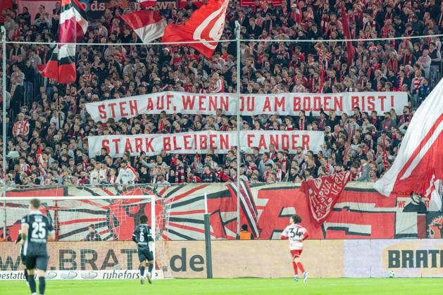 Fortuna Düsseldorf fans with a banner: Fortuna Düsseldorf vs. SC Verl, soccer, 3. Liga, Matchday 8, 2026–27 season, October 12, 2026, DFL regulations prohibit any use of photographs as image sequences and or quasi-video, Fortuna Düsseldorf vs. SC Verl, soccer, 3. Liga, Matchday 8, 2026–27 season, October 12, 2026, Düsseldorf Copyright: xEibner-Pressefoto LukasxBaldygax EP_LBA