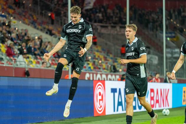 Tim Heike (SC Verl, 25) celebrates his goal to tie the game at 1–1 with a leap of joy; Nick Seidel (SC Verl, 05) joins him. Fortuna Düsseldorf vs. SC Verl, soccer, 3rd Division, Matchday 8, 2026–27 season, October 12, 2026, DFL regulations prohibit any use of photographs as image sequences and or quasi-video. Fortuna Düsseldorf vs. SC Verl, soccer, 3. Liga, Matchday 8, 2026–27 season, October 12, 2026, Düsseldorf Copyright: xEibner-Pressefoto LukasxBaldygax EP_LBA