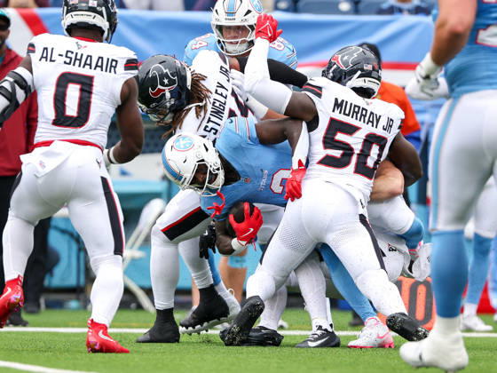 Oct 11, 2026; Nashville, TN, USA; Tennessee Titans running back Tyjae Spears (2) is stopped on third down by Houston Texans defensive end Solomon Byrd (50) and Houston Texans cornerback Derek Stingley Jr. (24) during the NFL, American Football Herren, USA regular season game between the Houston Texans and Tennessee Titans at Nissan Stadium. Mandatory Credit: -Cal Media NFL 2026: Texans Vs Titans OCT 11 - ZUMAc04_ 20261011_zma_c04_052 Copyright: xStephenxFurstx