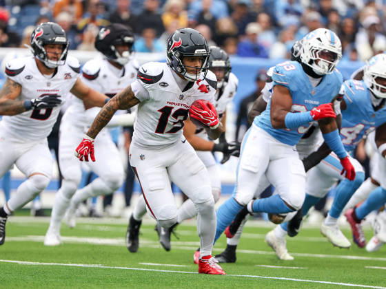 Oct 11, 2026; Nashville, TN, USA; Houston Texans wide receiver Jaylin Noel (13) runs with the ball during the NFL, American Football Herren, USA regular season game between the Houston Texans and Tennessee Titans at Nissan Stadium. Mandatory Credit: -Cal Media NFL 2026: Texans Vs Titans OCT 11 - ZUMAc04_ 20261011_zma_c04_053 Copyright: xStephenxFurstx