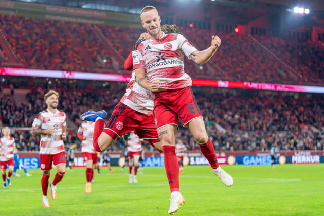Jorrit Hendrix, Fortuna Düsseldorf, 08: Jubilation after the 2-1 win in Fortuna Düsseldorf vs. SC Verl, Soccer, 3. Liga, Matchday 8, 2026-27 Season, October 12, 2026, DFL regulations prohibit any use of photographs as image sequences and or quasi-video. Fortuna Düsseldorf vs. SC Verl, soccer, 3. Liga, Matchday 8, 2026–27 season, October 12, 2026, Düsseldorf Copyright: xEibner-Pressefoto LukasxBaldygax EP_LBA