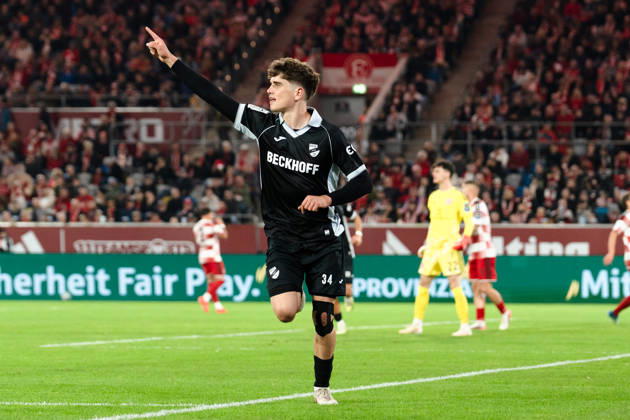 Germany 3rd Division 2026–2027: Fortuna Düsseldorf vs. SC Verl, Matchday 8, October 12, 2026, Merkur Spiel Arena, North Rhine-Westphalia. Goal to make it 2–2 by Janne Berner (SC Verl), 34th minute: Cheers, joy, emotions, goal celebration Copyright: xCelinaxLeiersx