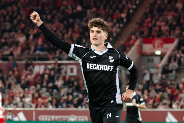 Germany 3rd Division 2026–2027: Fortuna Düsseldorf vs. SC Verl, Matchday 8, October 12, 2026, Merkur Spiel Arena, North Rhine-Westphalia. Goal to make it 2–2 by Janne Berner (SC Verl), 34th minute: Cheers, joy, emotions, goal celebration Copyright: xCelinaxLeiersx