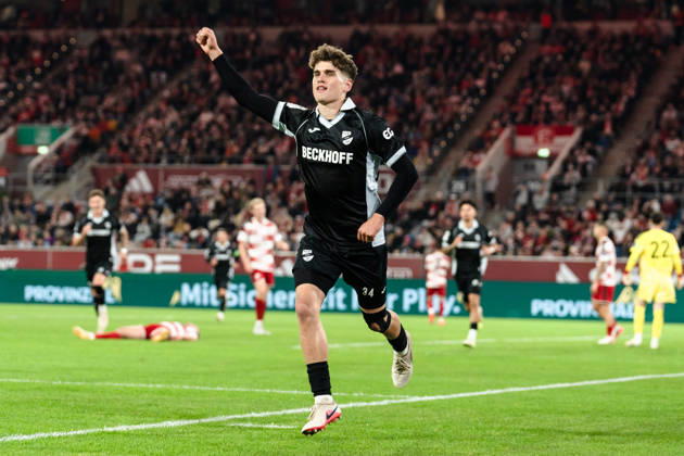 Germany 3rd Division 2026–2027: Fortuna Düsseldorf vs. SC Verl, Matchday 8, October 12, 2026, Merkur Spiel Arena, North Rhine-Westphalia. Goal to make it 2–2 by Janne Berner (SC Verl), 34th minute: Cheers, joy, emotions, goal celebration Copyright: xCelinaxLeiersx
