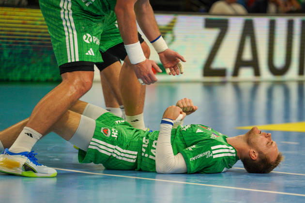 Pictured: Mathias Gidsel, Fuechse Berlin, 19, goal, score, celebration, goal celebration, joy, excitement, celebrating, cheering, October 11, 2026, Fuechse Berlin vs. TVB Lemgo Lippe, HBL, Handball Bundesliga, 2026–27 season, Max Schmeling Halle Copyright: HMBxMedia xPascalxSpanehl