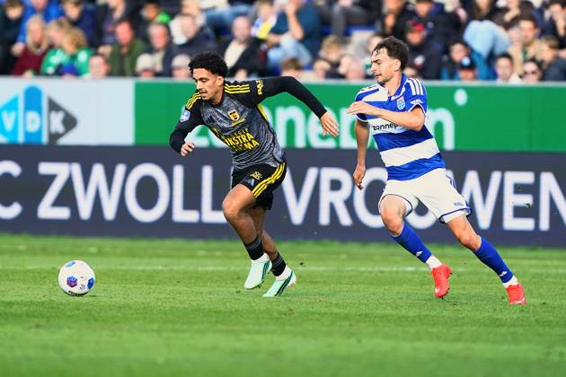 2026-10-11 VriendenLoterij Eredivisie: PEC Zwolle v SC Cambuur ZWOLLE, NETHERLANDS - OCTOBER 11: Sami Bouhoudane of SC Cambuur and Tobias Sommer of PEC Zwolle during the VriendenLoterij Eredivisie match between PEC Zwolle and SC Cambuur at Mac3Park Stadion on October 11, 2026 in Zwolle, Netherlands. Zwolle Mac3Park Stadion Netherlands Content not available for redistribution in The Netherlands directly or indirectly through any third parties. Copyright: xAndrexWeeningx