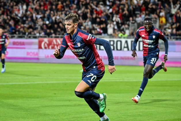 IPA89566258 - Daniel Maldini of Cagliari Calcio, Exultation, Joy, Celebration after scoring a goal, during the Cagliari Calcio vs. Juventus FC Italian Serie A soccer match in Cagliari, Italy, October 11, 2026  Copyright: xLuigixCanu IPAxSportx xx IPA89566258