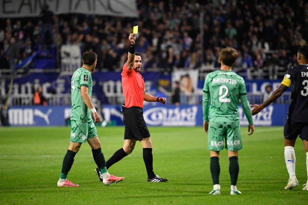 ESTAC Troyes v Olympique de Marseille - Ligue 1 McDonald s 2026 2027 Lucas MARONNIER of Troyes and Emerson PALMIERI of Olympique de Marseille , Guillaume Paradis referee during Ligue 1 McDonald s match between Troyes and Marseille at Stade de l Aube on October 11, 2026 in Troyes, France. Troyes France  Copyright: xEwenxGavetx 776573381