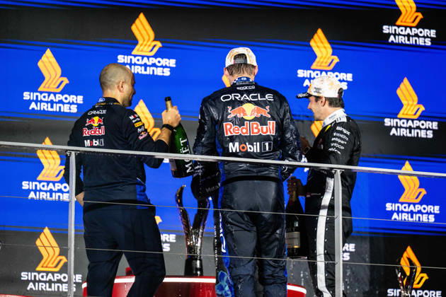 F1 - SINGAPORE GRAND PRIX 2026 LAMBIASE Gianpiero, Head of Race Engineering at Red Bull Racing, portrait, VERSTAPPEN Max (nld), Red Bull Racing Ford RB22, portrait podium during the 2026 Formula 1 Singapore Grand Prix, 17th round of the 2026 Formula One World Championship, WM, Weltmeisterschaft from October 9 to 11, 2026 on the Marina Bay Street Circuit, in Singapore, Singapore - SingaporeSingapore  Copyright: xALBERTOxVIMERCATIx