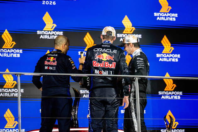 F1 - SINGAPORE GRAND PRIX 2026 LAMBIASE Gianpiero, Head of Race Engineering at Red Bull Racing, portrait, VERSTAPPEN Max (nld), Red Bull Racing Ford RB22, portrait podium during the 2026 Formula 1 Singapore Grand Prix, 17th round of the 2026 Formula One World Championship, WM, Weltmeisterschaft from October 9 to 11, 2026 on the Marina Bay Street Circuit, in Singapore, Singapore - SingaporeSingapore  Copyright: xALBERTOxVIMERCATIx