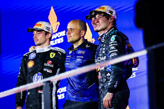 F1 - SINGAPORE GRAND PRIX 2026 LAMBIASE Gianpiero, Head of Race Engineering at Red Bull Racing, KIMI ANTONELLI Andrea (ita), Mercedes AMG F1 Team W17, LECLERC Charles (mco), Scuderia Ferrari SF-26, portrait podium during the 2026 Formula 1 Singapore Grand Prix, 17th round of the 2026 Formula One World Championship, WM, Weltmeisterschaft from October 9 to 11, 2026 on the Marina Bay Street Circuit, in Singapore, Singapore - SingaporeSingapore  Copyright: xFLORENTxGOODENx