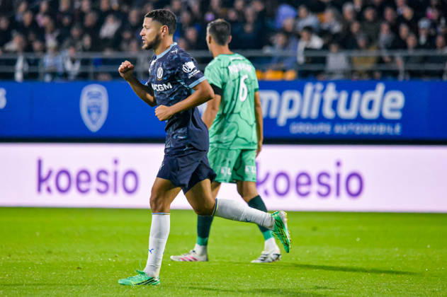 FOOTBALL : ESTAC Troyes vs Olympique de Marseille - Ligue 1 - Journà e 6 - 11 10 2026 Joie des joueurs de l™OM aprà s le but de Amine Harit (OM) TroyesFrance Copyright: xBaptistexAutissierx