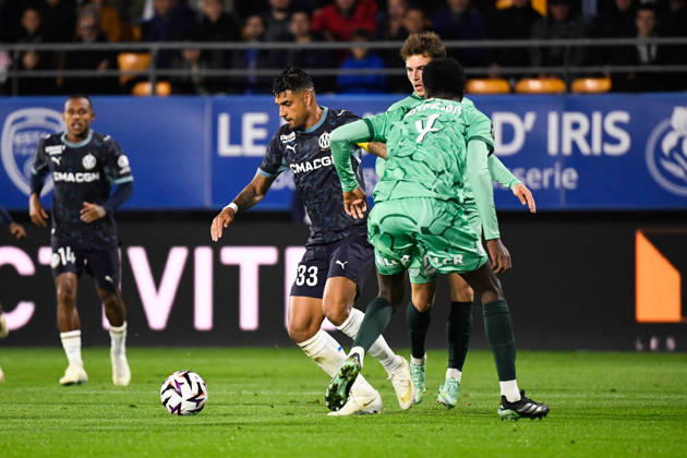 ESTAC Troyes v Olympique de Marseille - Ligue 1 McDonald s 2026 2027 Emerson PALMIERI of Olympique de Marseille and Michel Junior DIAZ of Troyes during Ligue 1 McDonald s match between Troyes and Marseille at Stade de l Aube on October 11, 2026 in Troyes, France. Troyes France  Copyright: xEwenxGavetx 776573381