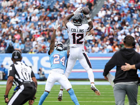 Oct 11, 2026; Nashville, TN, USA; Tennessee Titans cornerback Alontae Taylor (24) catches a penalty for pass interference on a pass to Houston Texans wide receiver Nico Collins (12) during the NFL, American Football Herren, USA regular season game between the Houston Texans and Tennessee Titans at Nissan Stadium. Mandatory Credit: -Cal Media NFL 2026: Texans Vs Titans OCT 11  - ZUMAc04_ 20261011_zma_c04_074 Copyright: xStephenxFurstx