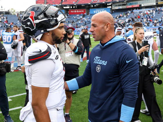 Oct 11, 2026; Nashville, TN, USA; Tennessee Titans head coach Robert Saleh talks with Houston Texans quarterback C.J. Stroud (7) on the field following the NFL, American Football Herren, USA regular season game between the Houston Texans and Tennessee Titans at Nissan Stadium. Mandatory Credit: -Cal Media NFL 2026: Texans Vs Titans OCT 11  - ZUMAc04_ 20261011_zma_c04_075 Copyright: xStephenxFurstx