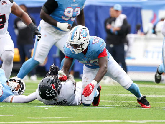 Oct 11, 2026; Nashville, TN, USA; Tennessee Titans linebacker Anthony Hill Jr. (53) tackles Houston Texans running back Woody Marks (4) during the NFL, American Football Herren, USA regular season game between the Houston Texans and Tennessee Titans at Nissan Stadium. Mandatory Credit: -Cal Media NFL 2026: Texans Vs Titans OCT 11 - ZUMAc04_ 20261011_zma_c04_077 Copyright: xStephenxFurstx