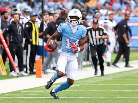 Oct 11, 2026; Nashville, TN, USA; Tennessee Titans wide receiver Carnell Tate (14) breaks out for yards after a catch during the NFL, American Football Herren, USA regular season game between the Houston Texans and Tennessee Titans at Nissan Stadium. Mandatory Credit: -Cal Media NFL 2026: Texans Vs Titans OCT 11 - ZUMAc04_ 20261011_zma_c04_081 Copyright: xStephenxFurstx
