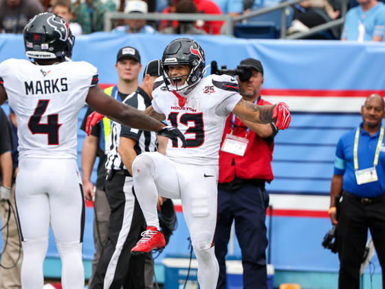 Oct 11, 2026; Nashville, TN, USA; Houston Texans wide receiver Jaylin Noel (13) celebrates in the end zone after scoring a touchdown during the NFL, American Football Herren, USA regular season game between the Houston Texans and Tennessee Titans at Nissan Stadium. Mandatory Credit: -Cal Media NFL 2026: Texans Vs Titans OCT 11 - ZUMAc04_ 20261011_zma_c04_082 Copyright: xStephenxFurstx