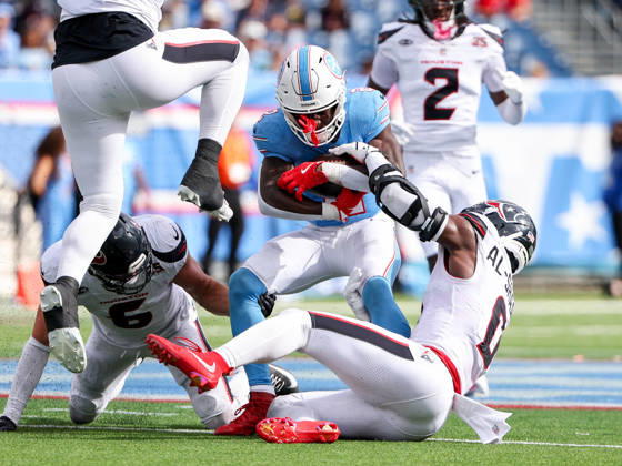 Oct 11, 2026; Nashville, TN, USA; Tennessee Titans running back Tyjae Spears (2) is tackled by Houston Texans linebacker Azeez al-Shaair (0) during the NFL, American Football Herren, USA regular season game between the Houston Texans and Tennessee Titans at Nissan Stadium. Mandatory Credit: -Cal Media Nashville USA - ZUMAc04_ 20261011_zma_c04_076 Copyright: xStephenxFurstx