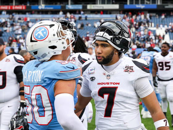 Oct 11, 2026; Nashville, TN, USA; Houston Texans quarterback C.J. Stroud (7) talks with Tennessee Titans linebacker Cody Barton (50) on the field following the NFL, American Football Herren, USA regular season game between the Houston Texans and Tennessee Titans at Nissan Stadium. Mandatory Credit: -Cal Media Nashville USA - ZUMAc04_ 20261011_zma_c04_078 Copyright: xStephenxFurstx