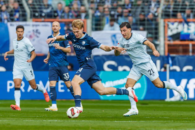 Mats Pannewig of VfL Bochum and Stefano Russo of DSC Arminia Bielefeld battle for the ball during the 2. Bundesliga match between VfL Bochum and Arminia Bielefeld at Ruhrstadion on October 11, 2026, in Bochum, Germany. Photo by Mario Hommes, DeFodi Images. Mats Pannewig of VfL Bochum and Stefano Russo of DSC Arminia Bielefeld battle for the ball during the 2. Bundesliga match between VfL Bochum and Arminia Bielefeld at Vonovia Ruhrstadion on October 11, 2026 in Bochum, Germany. Photo by Mario Hommes, DeFodi Images. DFB and DFL regulations prohibit any use of photographs as image sequences and or quasi-video. Photo by Mario Hommes, DeFodi Images