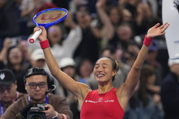 (261011) -- BEIJING, Oct. 11, 2026 -- Zheng Qinwen celebrates victory after the women s singles final between Zheng Qinwen of China and Mirra Andreeva of Russia at 2026 China Open tennis tournament in Beijing, China, Oct. 11, 2026. ) (SP)CHINA-BEIJING-TENNIS-CHINA OPEN-WOMEN S SINGLES-FINAL (CN) SunxFei