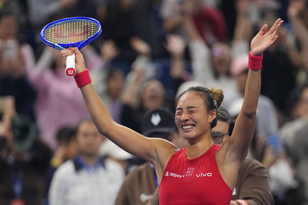 (261011) -- BEIJING, Oct. 11, 2026 -- Zheng Qinwen celebrates victory after the women s singles final between Zheng Qinwen of China and Mirra Andreeva of Russia at 2026 China Open tennis tournament in Beijing, China, Oct. 11, 2026. ) (SP)CHINA-BEIJING-TENNIS-CHINA OPEN-WOMEN S SINGLES-FINAL (CN) SunxFei