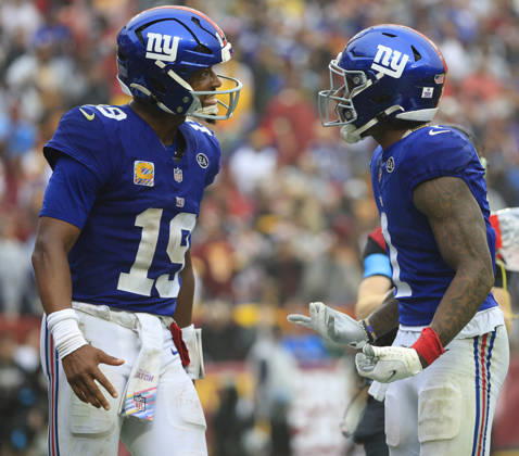 October 11, 2026: New York Giants QB 19 Jameis Winston and New York Giants WR 1 Malik Nabers celebrate a touchdown during the Washington Commanders game against the New York Giants at Northwest Stadium in Landover, MD. CSM Landover United States of America - ZUMAc04_ 20261011_zma_c04_109 Copyright: xJustinxCooperx
